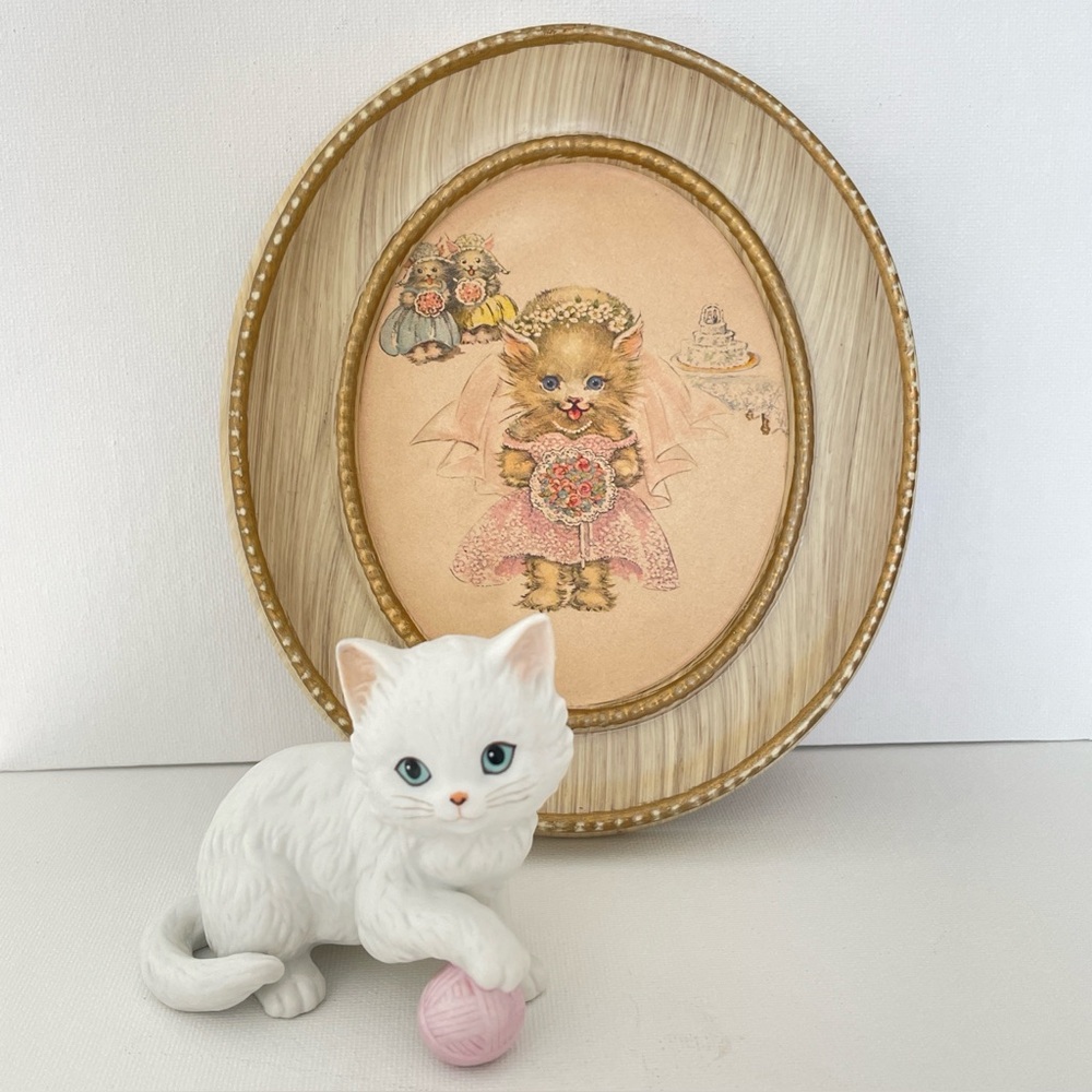 Vintage Cat Bride Wall Plaque + Schmid White Kitten Figurine Cottagecore Set